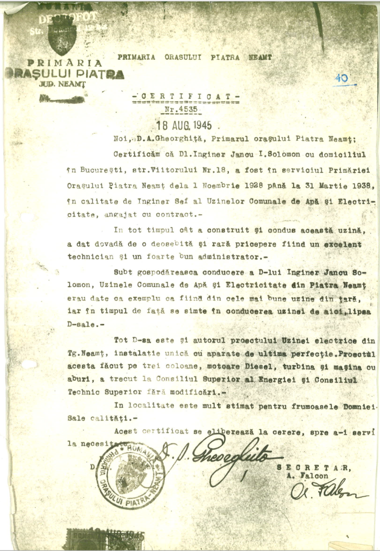 Solomon I Certificat Primaria Piatra Neamt 1945